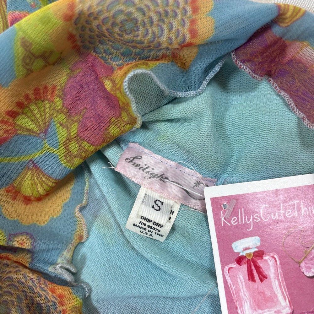 y2k Cami Top Blue Excellent Mesh Floral Lettuce Edge Tie Front Twilight Camisole - Picture 4 of 6
